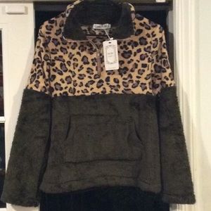 Plush animal print half zip pullover